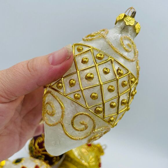 4 Embellished Frosted Glass Christmas Ornaments Elongated Poinsettia Holly Gold - Picture 2 of 11